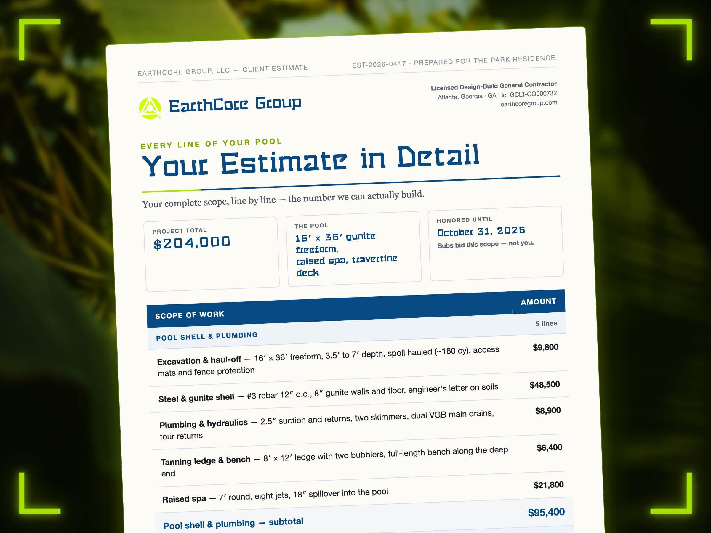 A one-page EarthCore estimate for a gunite pool and spa — every line priced, subtotalled, lying on banana leaves