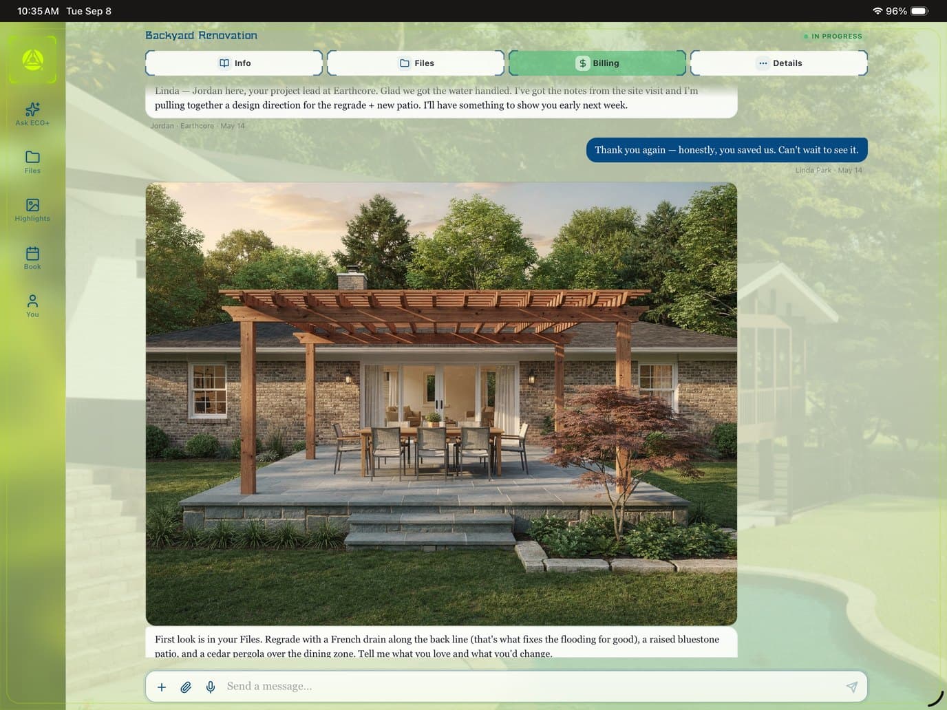 ECG+ on iPad: the Backyard Renovation project thread — Jordan shares a first-look render of a raised bluestone patio under a cedar pergola, and the homeowner replies