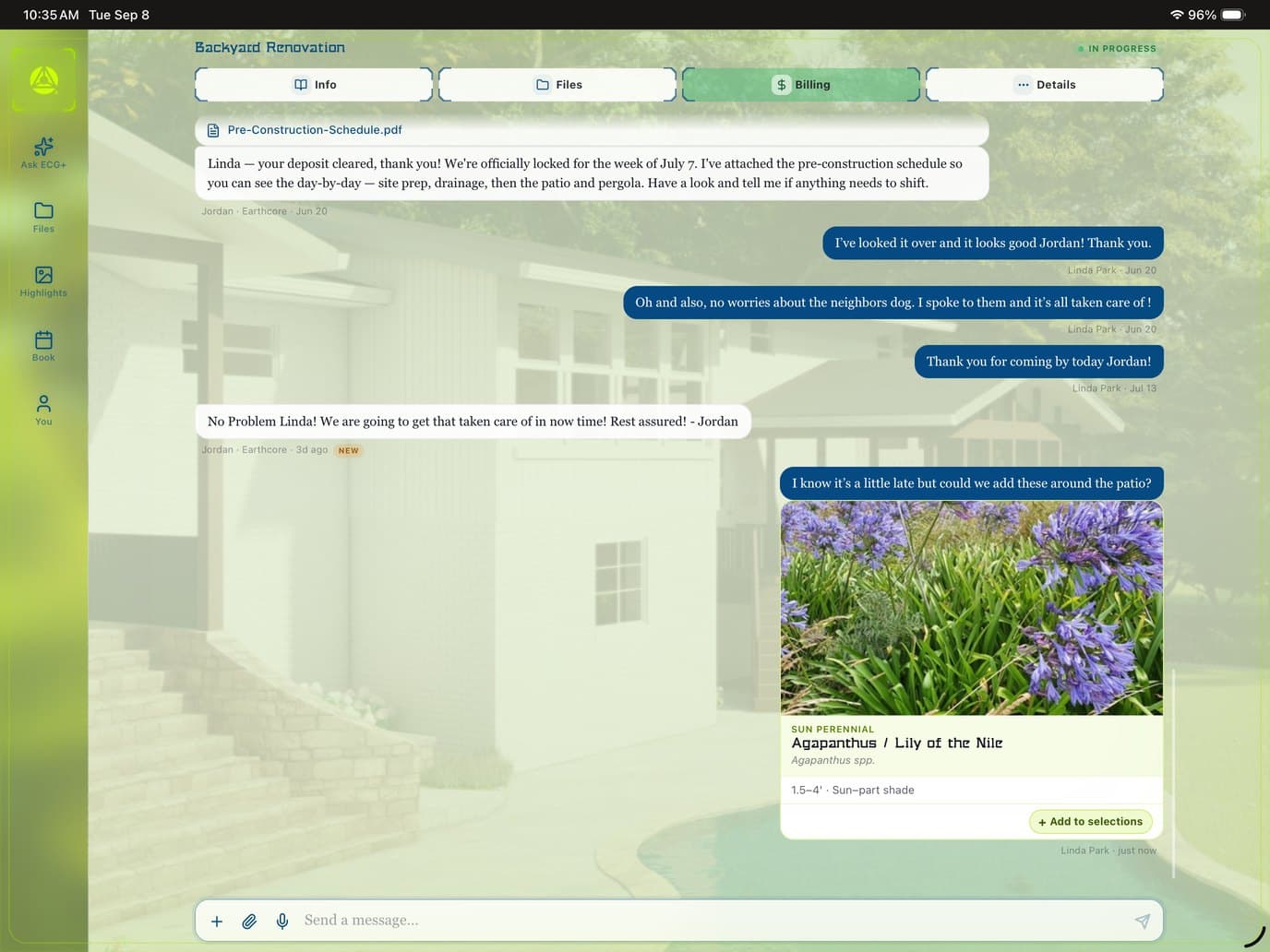 ECG+ on iPad: the pre-construction schedule attached to the project thread, messages between Jordan and the homeowner, and a plant the homeowner asks to add around the patio