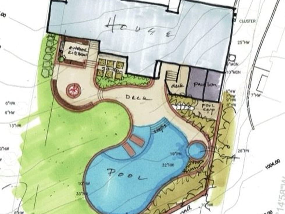 A hand-drawn watercolour concept — house, deck, pavilion and a freeform pool laid over the site's contours