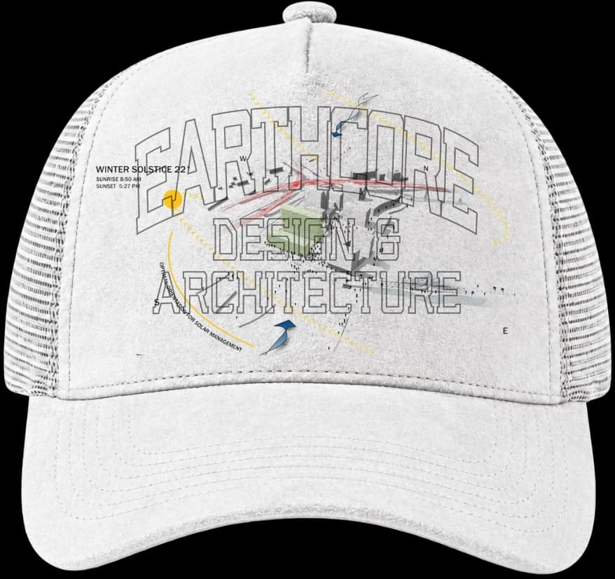 The Field Cap in white, with the Earthcore winter solstice drawing printed across the front panel.