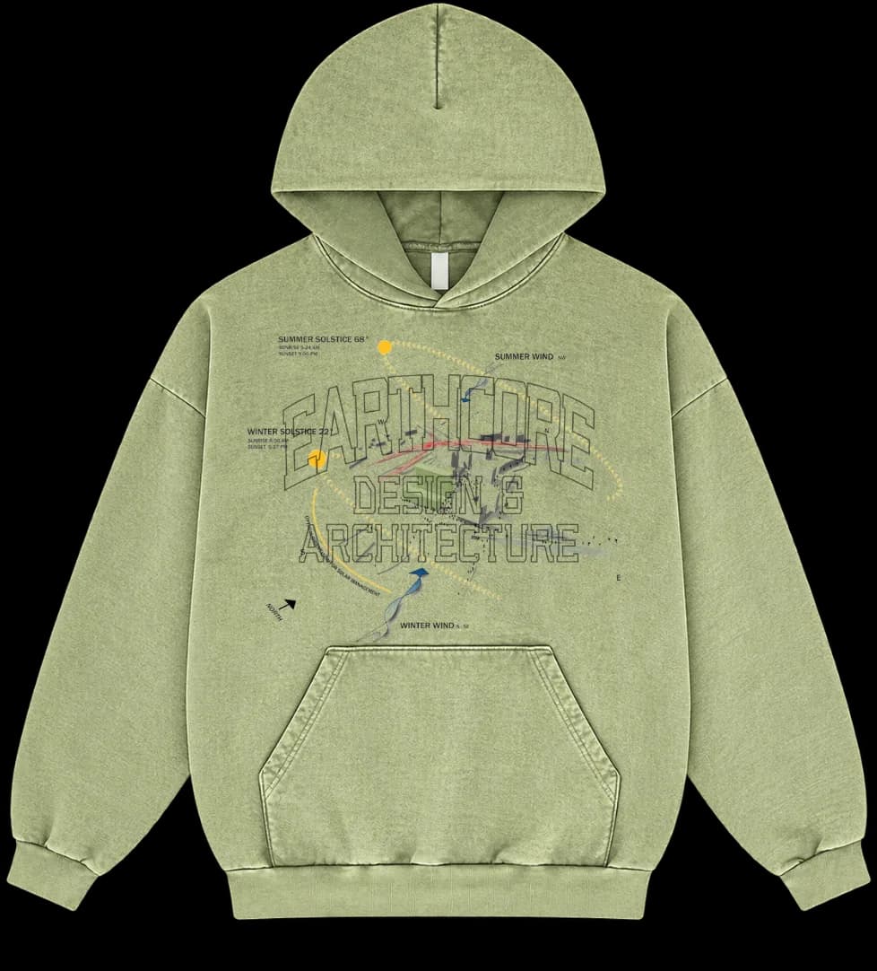 The Core Hoodie in washed sage, printed with Earthcore's solstice sun-path drawing over arched EARTHCORE DESIGN & ARCHITECTURE lettering.