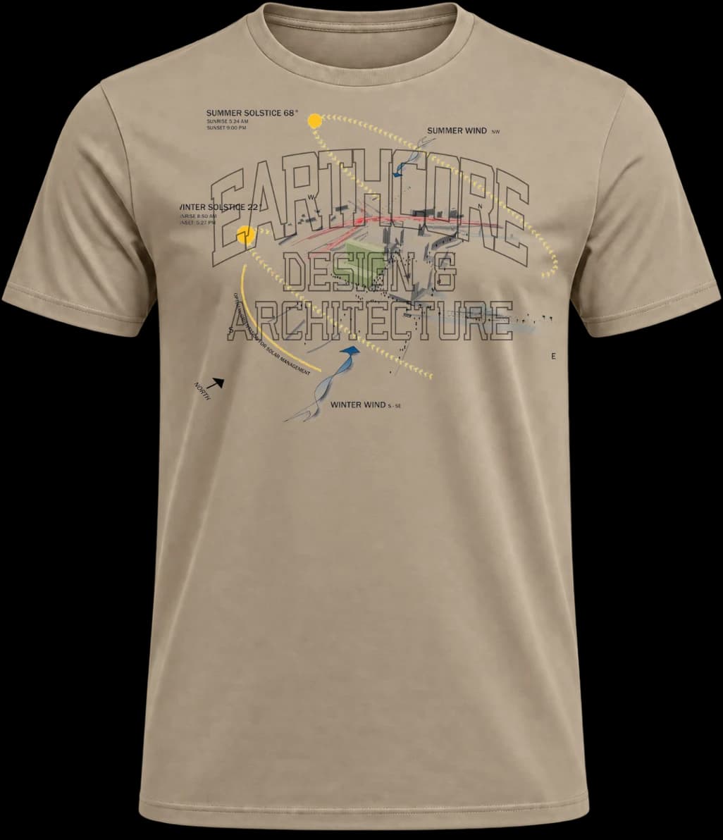 Every Chapter Tee in sand, printed with Earthcore's winter solstice sun-path drawing across the chest.