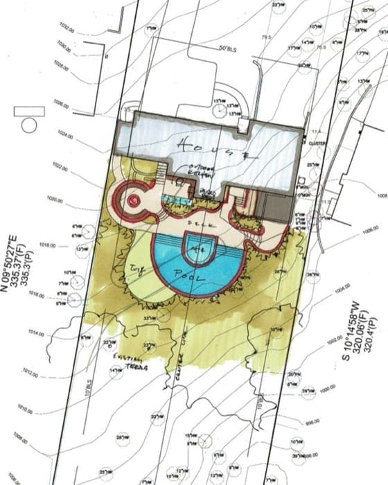 Full — drawing. Hand Drawn. Water colors. Pool and Outdoor Living.